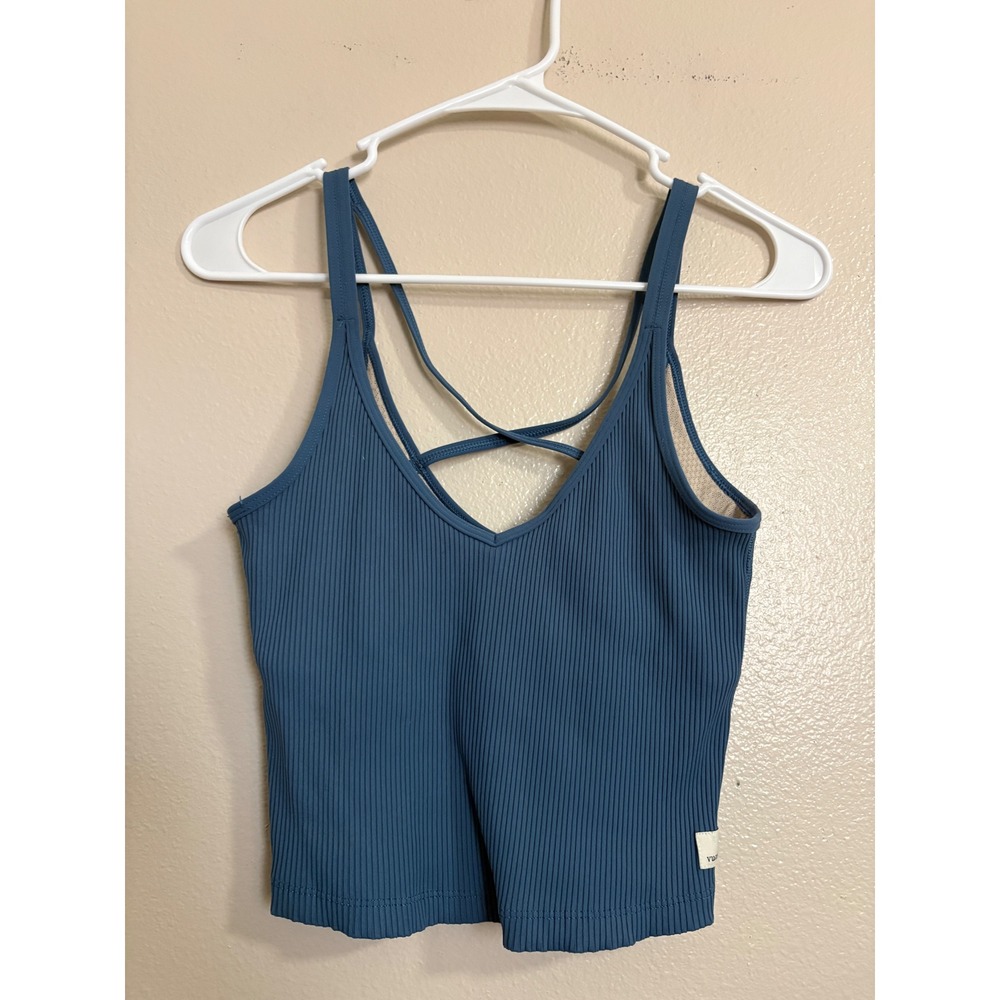 Vuori Women's Mindset Tank Blue Ribbed Strappy Cross Back Shelf Bra Top VW189  S